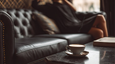 Lifestyle scene with a person lounging on a soft black leather sofa, cup of coffee on a nearby side tableの素材