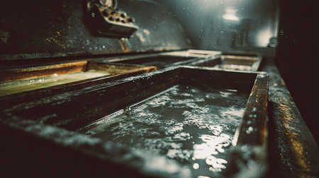 Process of developing film in a darkroom, with negatives submerged in chemical bathの素材
