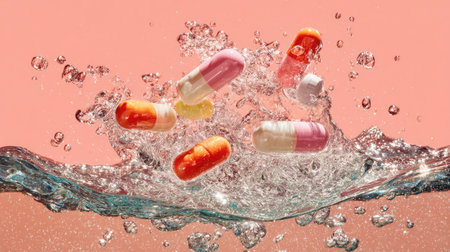 Pills caught mid-fall with water splashing around them, set against a bright clinical backgroundの素材