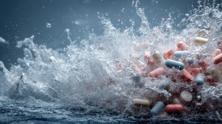 Pill storm bursting through a wall of splashing water, high-energy concept for drug impact or overdoseの素材