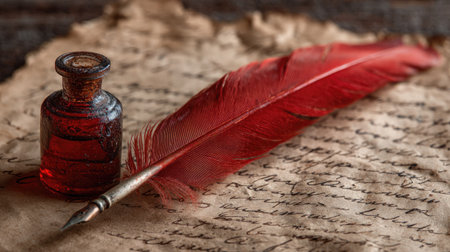 Red feather and clear ink bottle placed neatly on aged parchment, medieval-style script partially writtenの素材