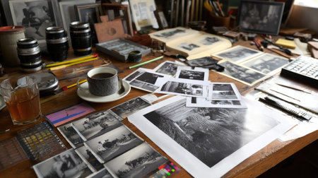 Professional photographer's desk with film negatives, contact sheets, and editing toolsの素材