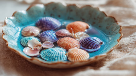 Shells in vivid tones of teal, coral, and lavender floating in a ceramic bowl of water for spa decorの素材