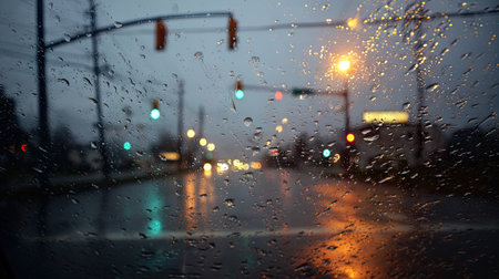 Rainy day view through a dew-covered window with traffic lights glowing in the distanceの素材