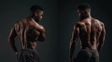 Rear and side angle of a man twisting, abs and obliques prominently engaged, minimal studio lightingの素材