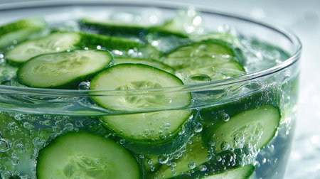 Refreshing cucumber slices floating in a bowl of ice water, condensation forming on the glass edgesの素材