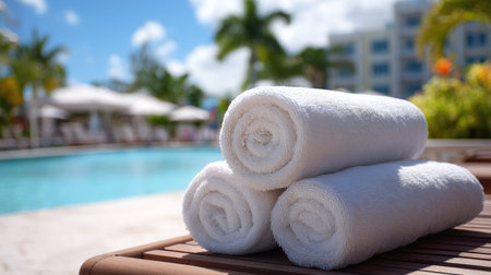 Rolled white towels on poolside lounge chairs with a tropical resort backdropの素材