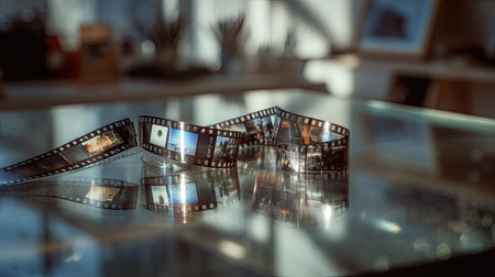 Rolled-up mm negatives reflecting light on a glass table in a creative workspaceの素材