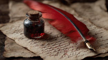 Red feather and clear ink bottle placed neatly on aged parchment, medieval-style script partially writtenの素材