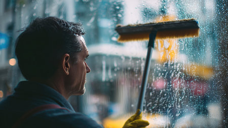 Professional cleaner using a squeegee to clean a storefront window, removing dirt and grimeの素材