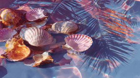 Seashells in vibrant hues gliding across the surface of a reflective pool, with palm tree shadows visibleの素材