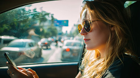 Side profile of a woman in the driver's seat looking at her smartphone with traffic outside the windowの素材