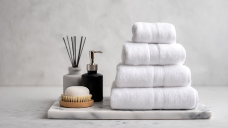 Stack of white rolled towels with minimalist bathroom accessories on a marble trayの素材