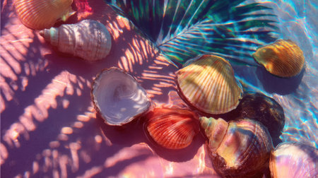 Seashells in vibrant hues gliding across the surface of a reflective pool, with palm tree shadows visibleの素材