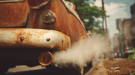 Smoke streaming from the exhaust of an old, rusty car with visible pollution in the airの素材