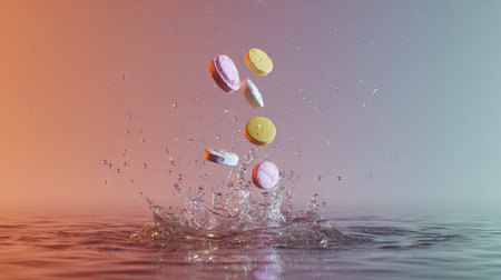 Shot of falling pills intersecting with upward splashing water on a gradient backgroundの素材
