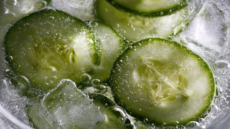 Refreshing cucumber slices floating in a bowl of ice water, condensation forming on the glass edgesの素材
