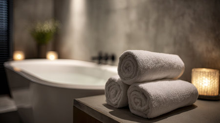 Rolled white towels beside a modern bathtub with soft lighting and a calm ambianceの素材