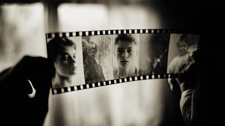 Strip of negative film with visible portraits in reverse tone held up against a windowの素材
