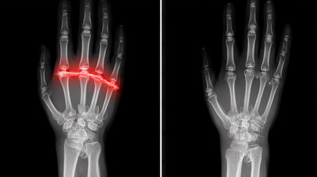 Side-by-side comparison of normal and fractured wrist X-rays, with red highlight over fracture zoneの素材