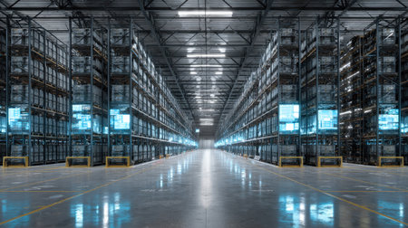 Smart warehouse showing digital inventory screens beside large steel storage racksの素材