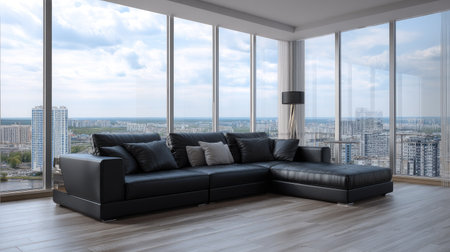 Stylish black leather sofa in a high-rise apartment with panoramic city view through floor-to-ceiling windowsの素材