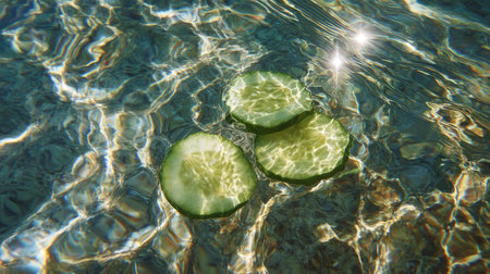 Sliced cucumbers floating in clear water with soft ripples, sunlight streaming through the surfaceの素材