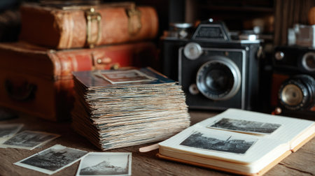 Stack of developed film negatives beside a notebook and vintage camera gearの素材