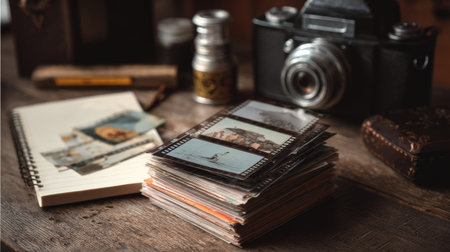 Stack of developed film negatives beside a notebook and vintage camera gearの素材