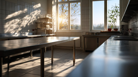 Daylight streaming through windows onto a stainless steel island table in a spotless catering kitchenの素材