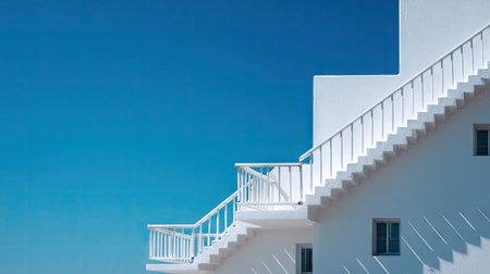 Diagonal view of a white staircase on building's side, ascending toward open blue skyの素材