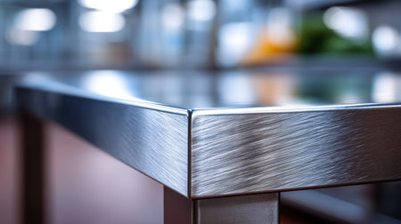 Detail view of the clean surface of a stainless steel table in a high-end professional kitchenの素材