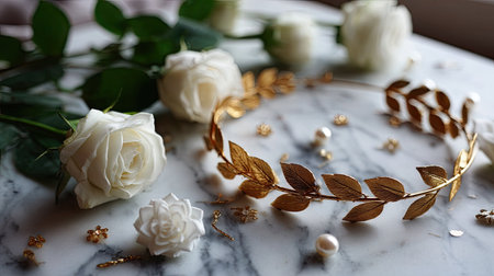 Flat lay of a golden laurel wreath headband surrounded by white roses and pearls on a marble surface, evoking royaltyの素材