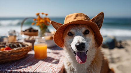 Dog wearing a bucket hat at a beach picnic, tongue out and happy in the sunの素材