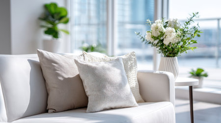 Elegant soft pillow on a modern sofa in a bright living room with white walls and contemporary decorの素材