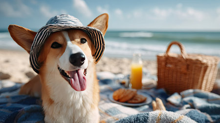 Dog wearing a bucket hat at a beach picnic, tongue out and happy in the sunの素材
