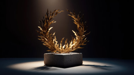 Dramatic shot of a golden laurel wreath crown on a pedestal in spotlight against a black backdrop, bold and powerfulの素材