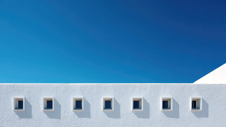 Detail of a white wall with small square windows, framed against an intense clear blue skyの素材