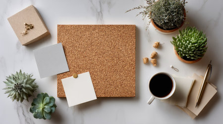Flat lay of cork board surrounded by stationery and pinned blank notes for a planning sceneの素材