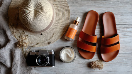 Flat lay of summer essentials including a bucket hat, sunscreen, camera, and sandalsの素材