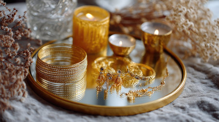 Jewellery flat lay with gold bangles, earrings, and necklace on a mirror tray surrounded by diyasの素材