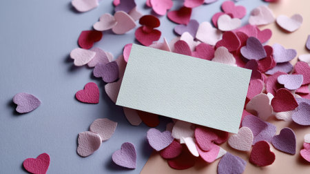 Flat lay with a blank card surrounded by pink paper hearts on a pastel background, ideal for Valentine's or romantic greetingの素材