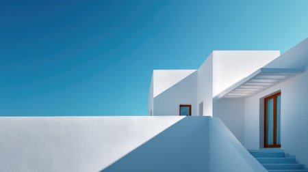 High-angle shot of a white modern house facade with sky gradients from deep blue to paleの素材