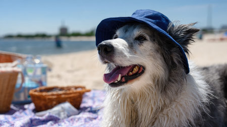 Dog wearing a bucket hat at a beach picnic, tongue out and happy in the sunの素材