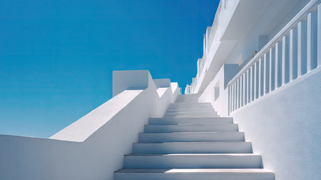 Diagonal view of a white staircase on building's side, ascending toward open blue skyの素材