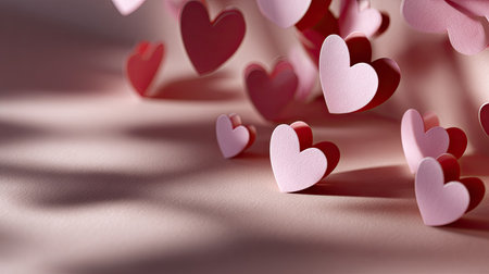Floating D pink paper hearts casting soft shadows over a seamless paper backdrop, gentle and elegant lightingの素材