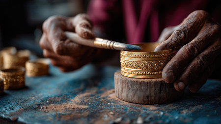 Jewellery artisan polishing a gold Indian bangle in a workshop, highlighting craftsmanship and heritageの素材
