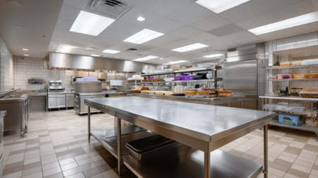 Industrial food preparation space with large stainless table centered for efficient workflowの素材