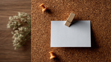 Minimal composition showing only one small blank paper centered on an empty cork boardの素材