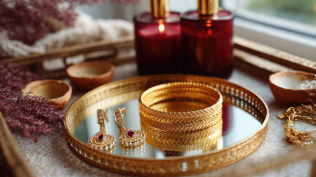 Jewellery flat lay with gold bangles, earrings, and necklace on a mirror tray surrounded by diyasの素材
